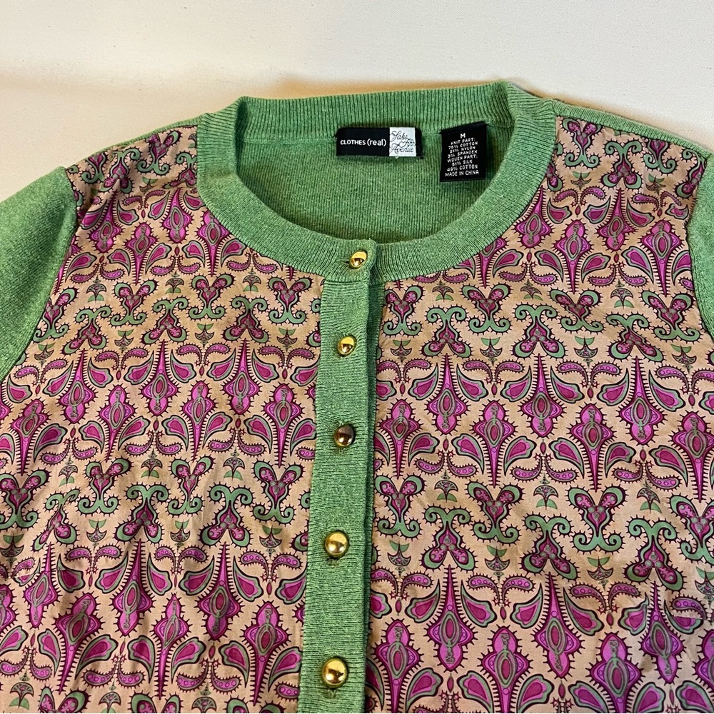 Saks Fifth Avenue Classic Green Cotton‎ and Purple Silk Blend Cardigan Sweater M - Picture 4 of 13
